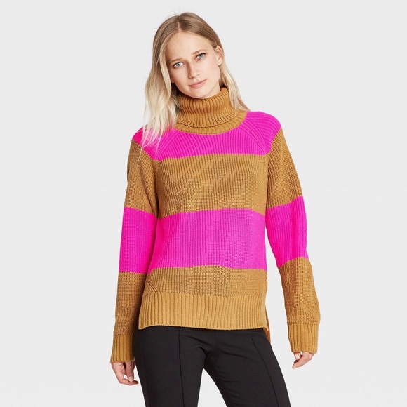 Sweaters - Women's Striped Turtleneck Pullover Sweater Pink M NWT